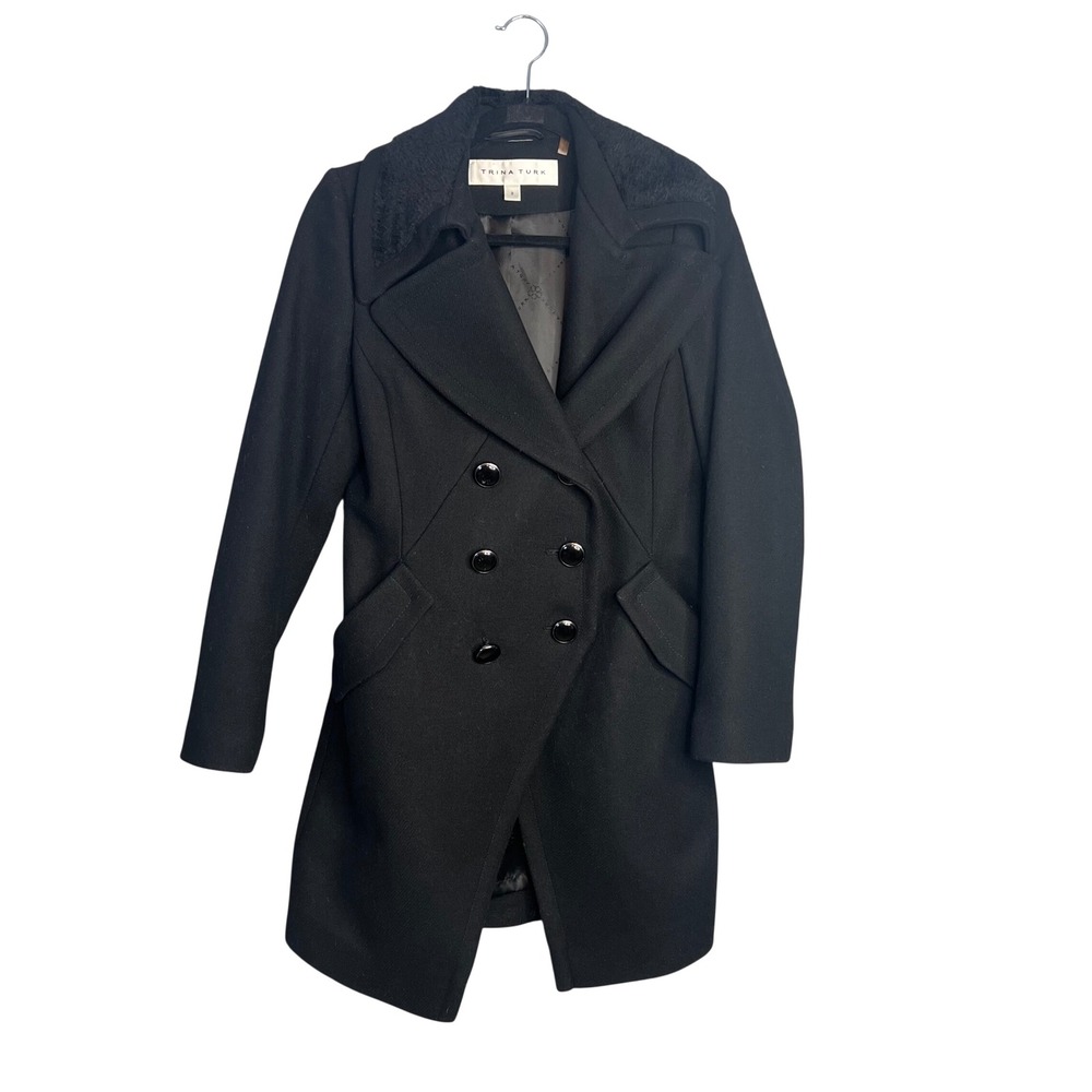 Trina Turk Black Wool Blend Coat Size 2 Fur Collar Pea Coat Car Coat Career